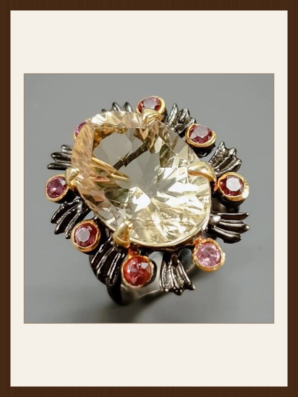 RING 18CT Natural Lemon Quartz with Rhodolite Accents 925 Size 8